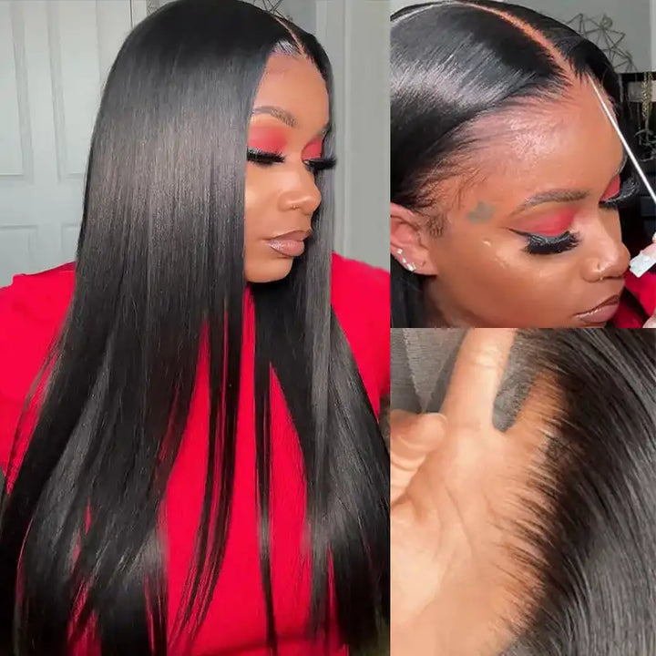 Perruque en cheveux humains lisses avec dentelle frontale transparente 13x4 