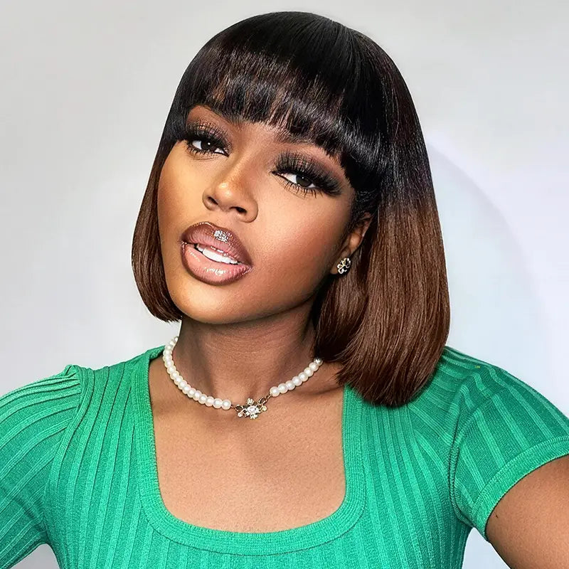 Put On And Go Ombre Chocolate Brown Human Hair Straight & Yaki Straight Bob Wig with Bangs