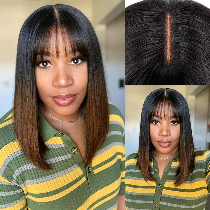 Ombre Chocolate Brown 2x6 Closure Lace Yaki Straight Human Hair Bob Wigs With Bang