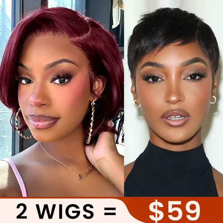 $59 = 2 Wigs | Burgundy 13x4 Lace Front Human Hair Wig & Short 1B Straight Wig with Bang