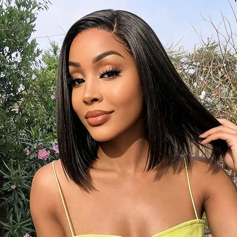 5x5 Lace Yaki Straight Bob Wig Drawstring Glueless Human Hair Wig