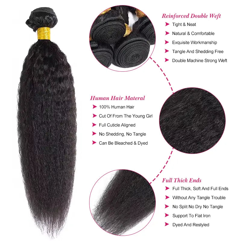 Lot de 4 tissages de cheveux humains crépus et lisses, couleur naturelle 
