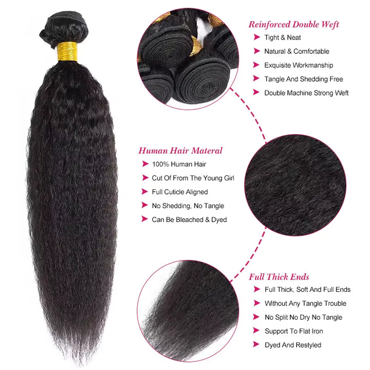 Lot de 4 tissages de cheveux humains crépus et lisses, couleur naturelle 