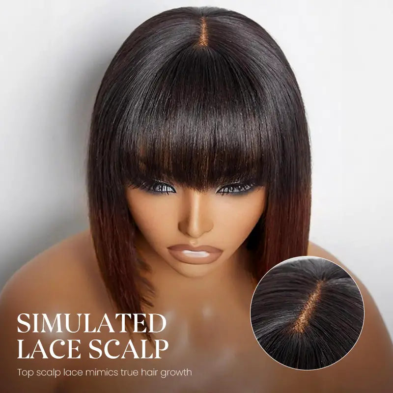 Ombre Chocolate Brown 2x6 Closure Lace Yaki Straight Human Hair Bob Wigs With Bang