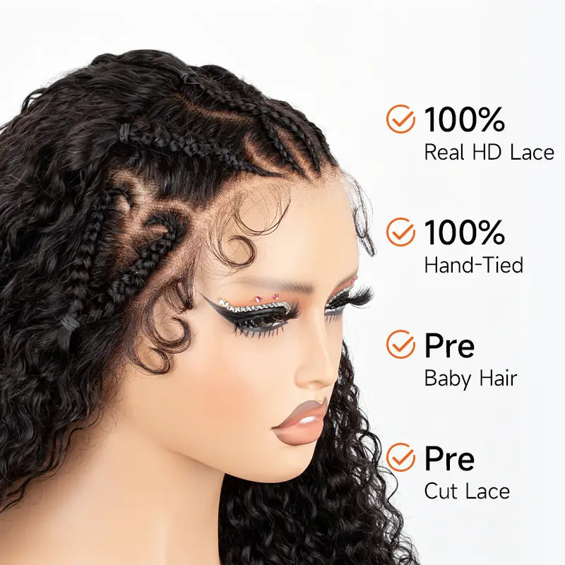 13x4 Glueless Pre-Braided Curly Human Hair Wig – Heart & Side Cornrow Styles