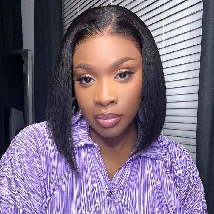 5x5 Lace Yaki Straight Bob Wig Drawstring Glueless Human Hair Wig