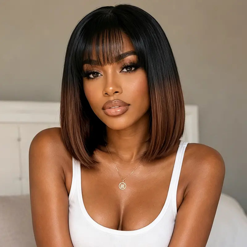 Ombre Chocolate Brown 2x6 Closure Lace Yaki Straight Human Hair Bob Wigs With Bang