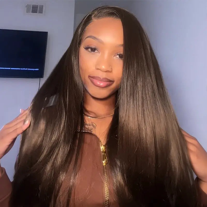Sleek Long Straight Wig 13x4 Lace Front 100% Human Hair in Chocolate Brown