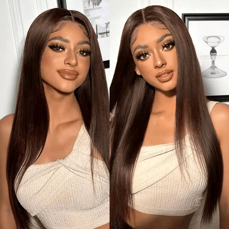 Sleek Long Straight Wig 13x4 Lace Front 100% Human Hair in Chocolate Brown