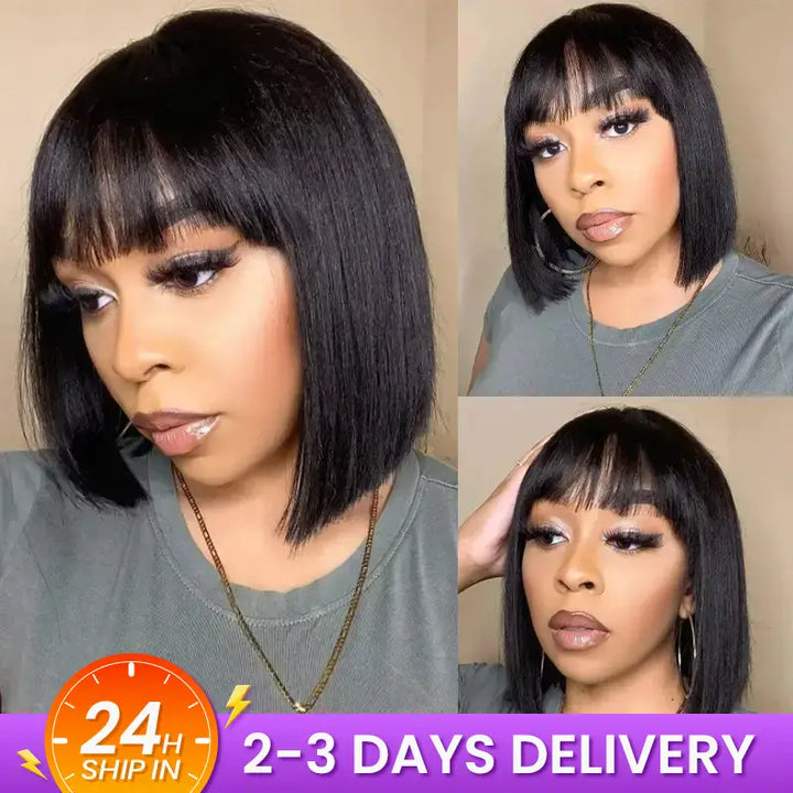 Human Hair Bob Wig with Bangs – Ready to Wear | No Glue, Beginner Friendly
