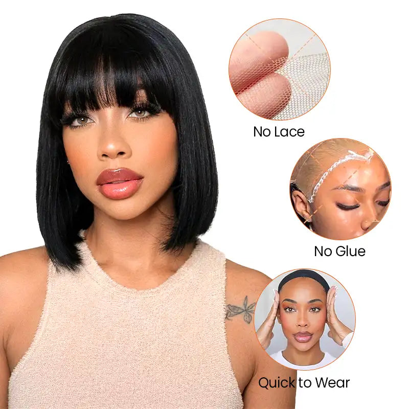 Put On & Go Realistic Yaki Bob with Bangs Human Hair Wig – Beginner Friendly