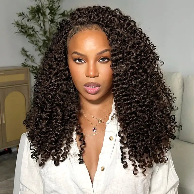 Chocolate Brown Curly Feather Crochet Hair Extensions 100% Human Hair
