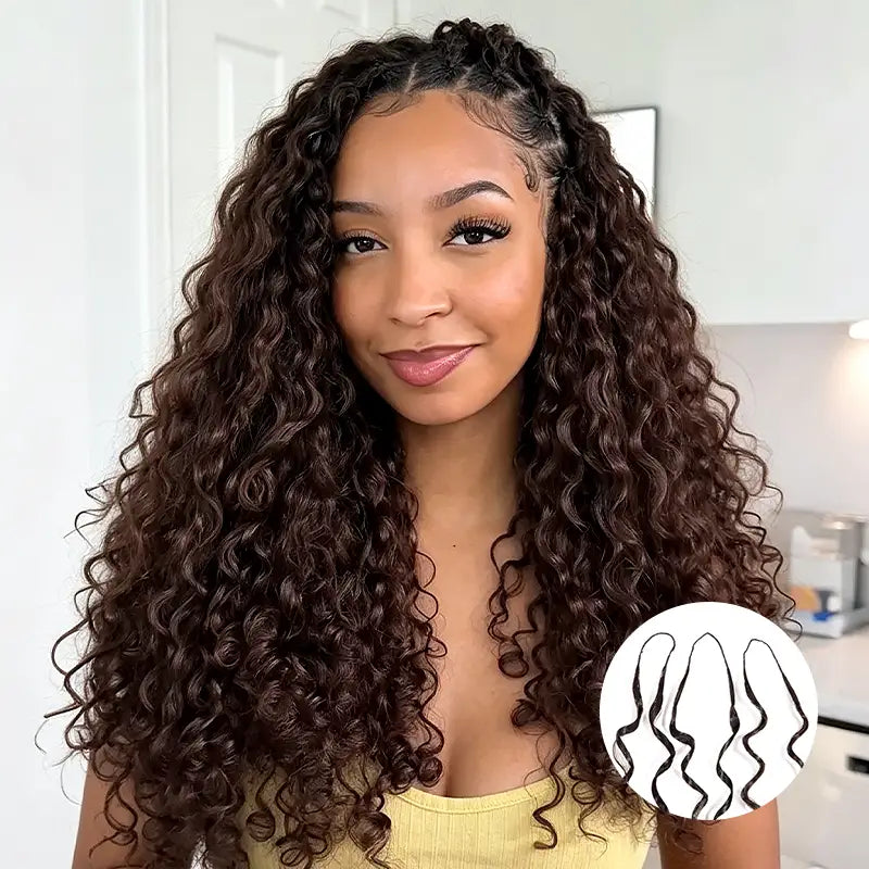Chocolate Brown Curly Feather Crochet Hair Extensions 100% Human Hair