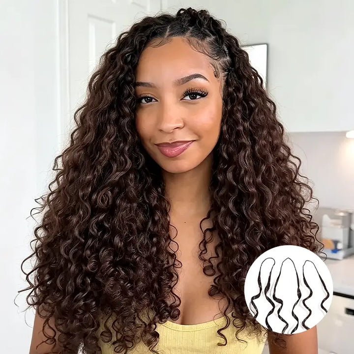 Chocolate Brown Curly Feather Crochet Hair Extensions 100% Human Hair