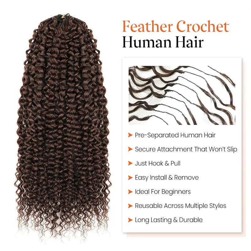 Chocolate Brown Curly Feather Crochet Hair Extensions 100% Human Hair