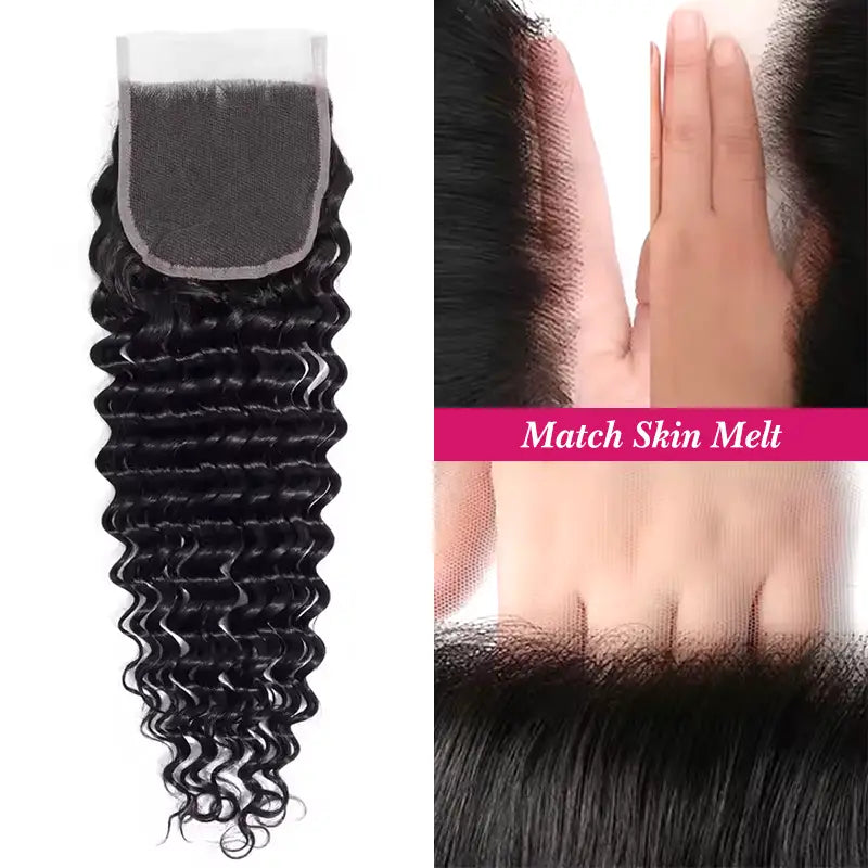 Cheveux humains ondulés profonds avec fermeture en dentelle HD 4x4 