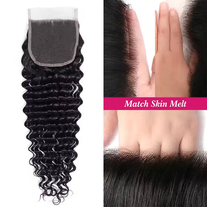 Cheveux humains ondulés profonds avec fermeture en dentelle HD 4x4 