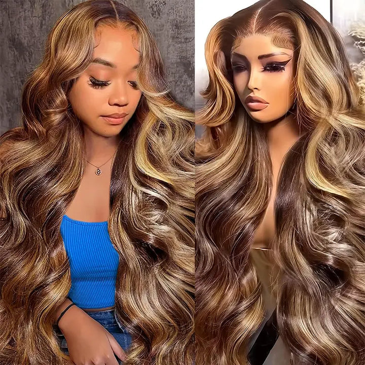 4x4 Highlight Brown Body Wave Wig, Pre-Cut, Glueless Wear & Go Style