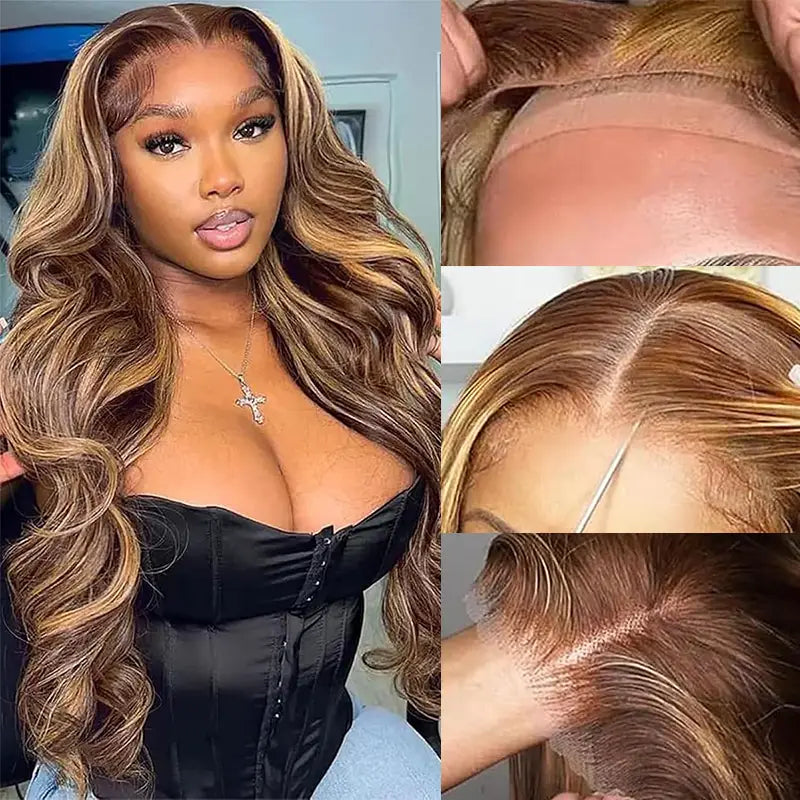 4x4 Highlight Brown Body Wave Wig, Pre-Cut, Glueless Wear & Go Style