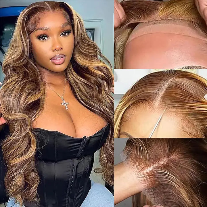 4x4 Highlight Brown Body Wave Wig, Pre-Cut, Glueless Wear & Go Style