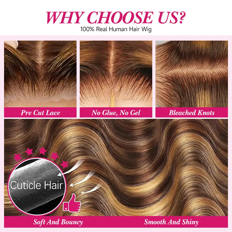 4x4 Highlight Brown Body Wave Wig, Pre-Cut, Glueless Wear & Go Style
