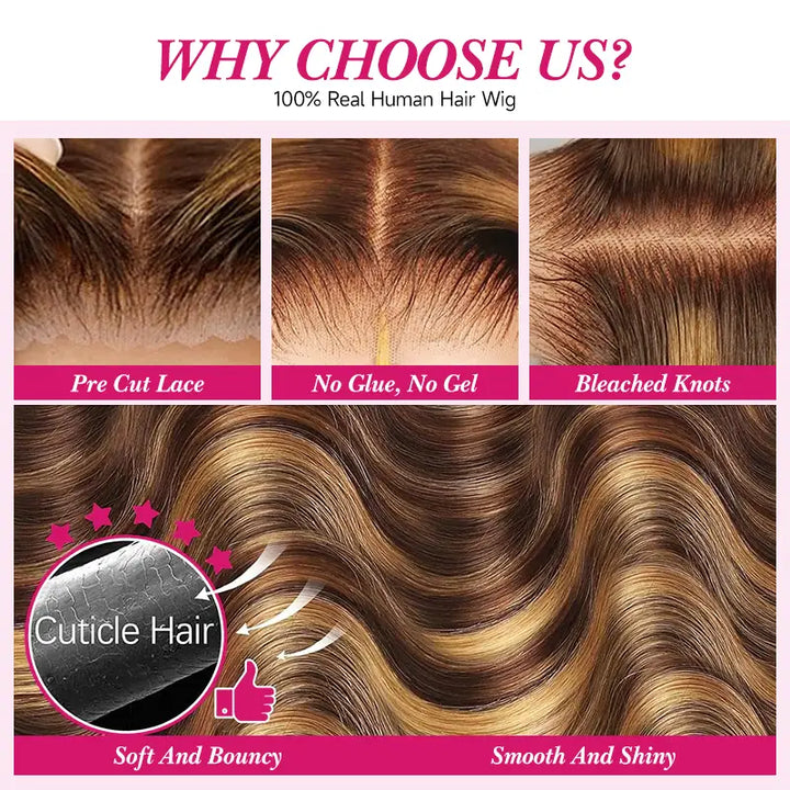 4x4 Highlight Brown Body Wave Wig, Pre-Cut, Glueless Wear & Go Style