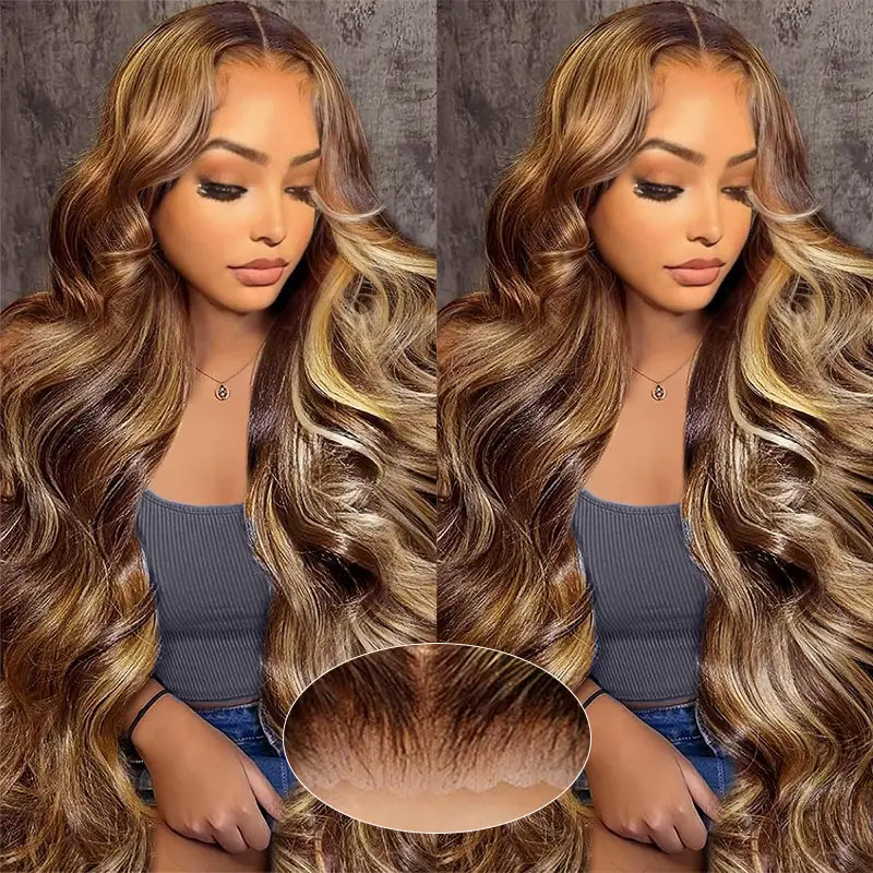 4x4 Highlight Brown Body Wave Wig, Pre-Cut, Glueless Wear & Go Style
