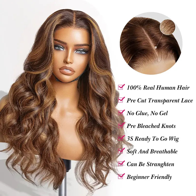 4x4 Highlight Brown Body Wave Wig, Pre-Cut, Glueless Wear & Go Style