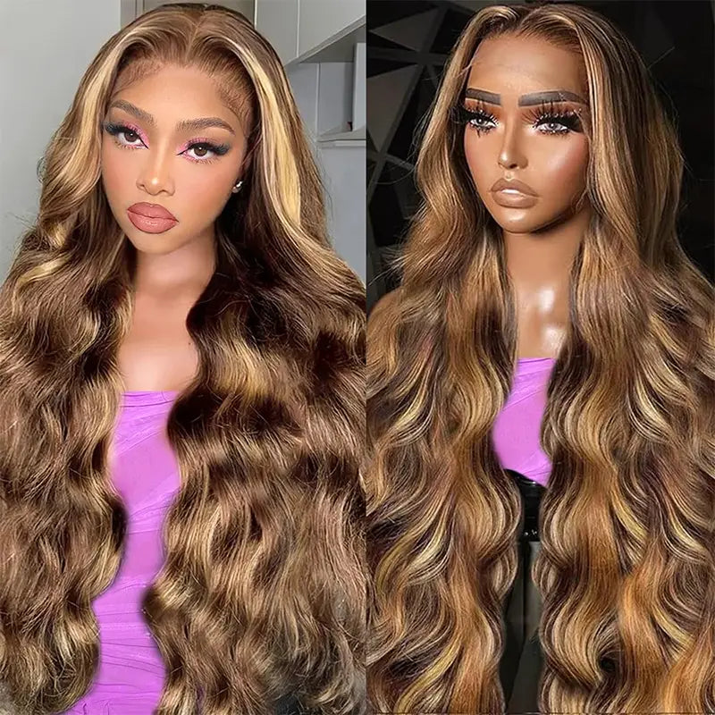 4x4 Highlight Brown Body Wave Wig, Pre-Cut, Glueless Wear & Go Style