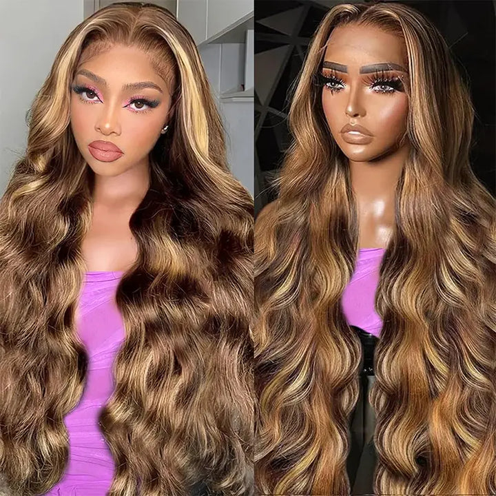 4x4 Highlight Brown Body Wave Wig, Pre-Cut, Glueless Wear & Go Style