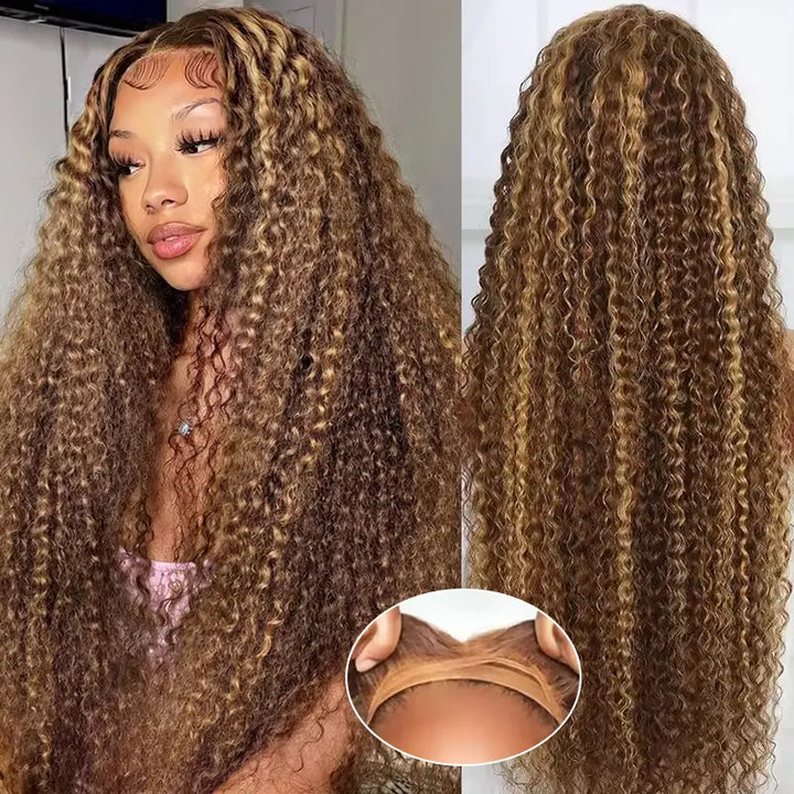 4x4 Jerry Curly Wig with Piano Highlights, No Glue Needed, Wear & Go