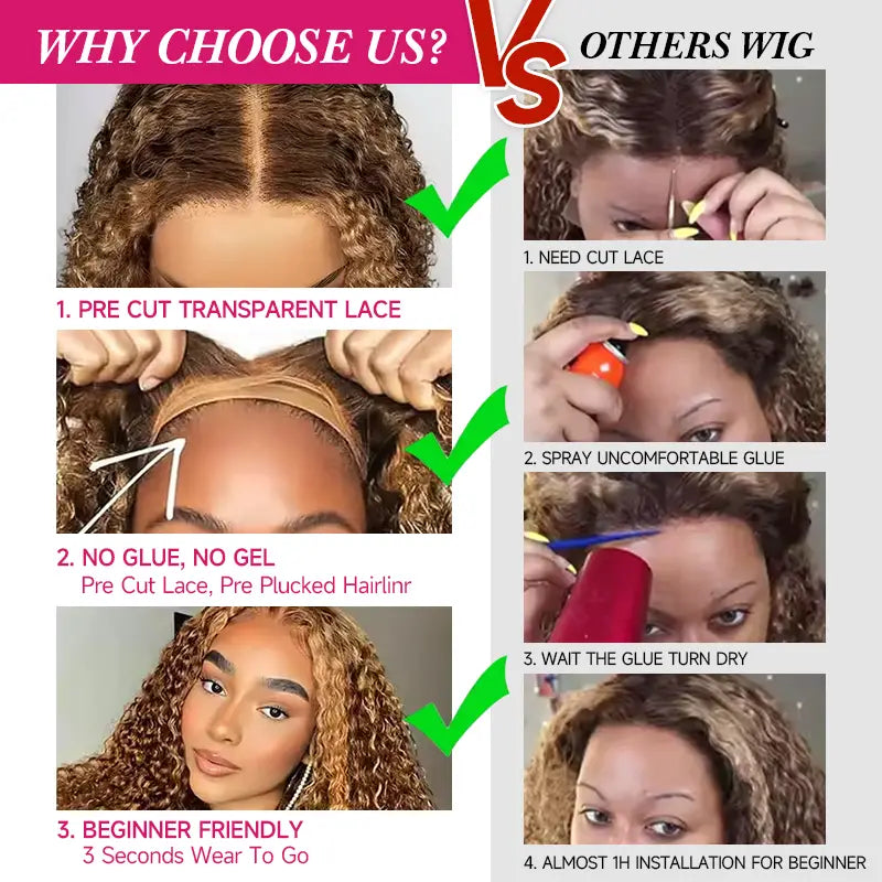 4x4 Jerry Curly Wig with Piano Highlights, No Glue Needed, Wear & Go