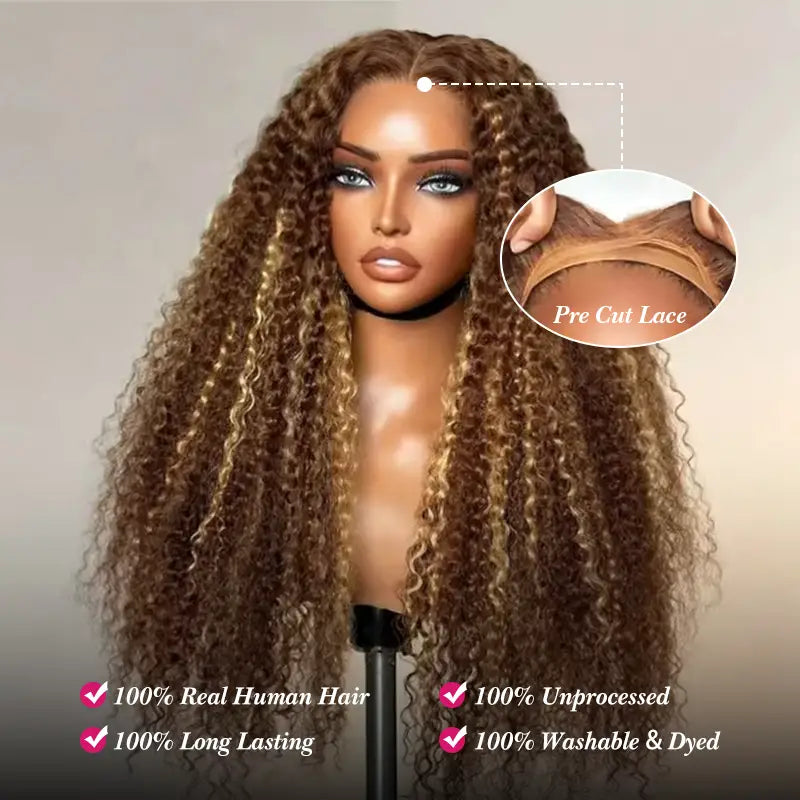 4x4 Jerry Curly Wig with Piano Highlights, No Glue Needed, Wear & Go