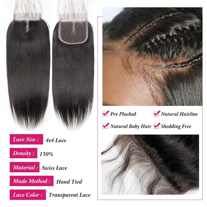 Lot de 3 mèches de cheveux vierges lisses avec fermeture en dentelle transparente 4x4, pré-épilées 