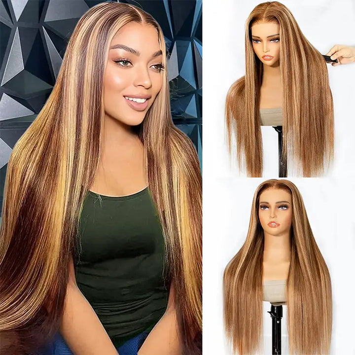 4x4 Wear & Go Straight Wig with Piano Highlight, Pre-Cut, No Glue Needed