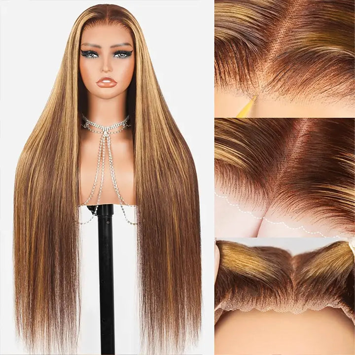 4x4 Wear & Go Straight Wig with Piano Highlight, Pre-Cut, No Glue Needed
