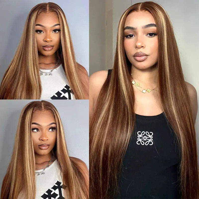 4x4 Wear & Go Straight Wig with Piano Highlight, Pre-Cut, No Glue Needed