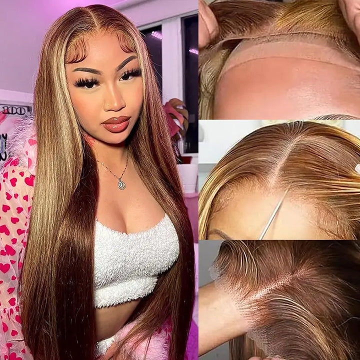4x4 Wear & Go Straight Wig with Piano Highlight, Pre-Cut, No Glue Needed