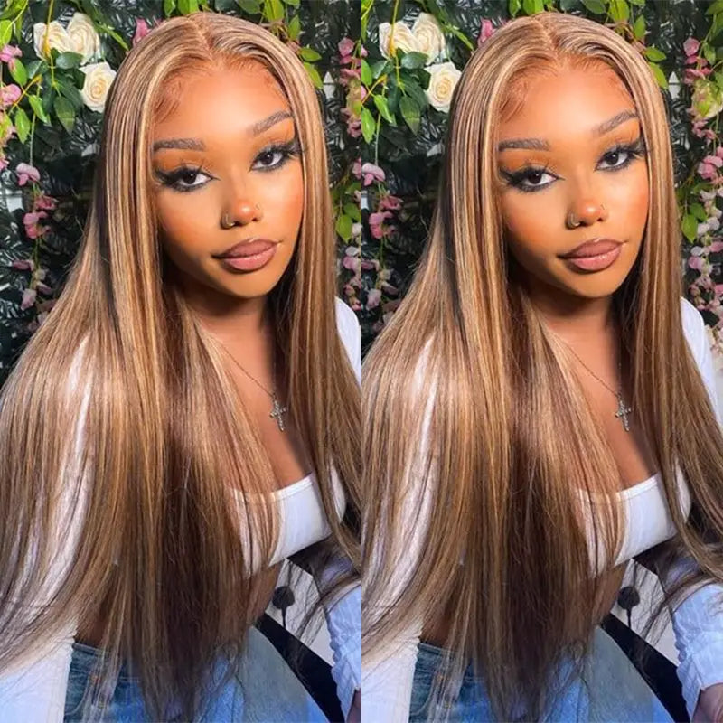 4x4 Wear & Go Straight Wig with Piano Highlight, Pre-Cut, No Glue Needed
