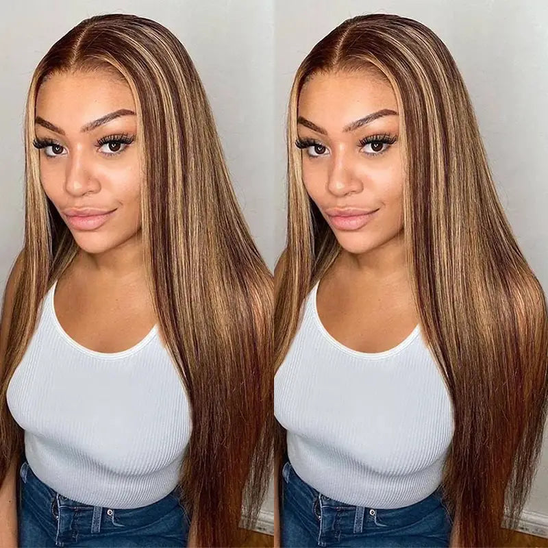 4x4 Wear & Go Straight Wig with Piano Highlight, Pre-Cut, No Glue Needed