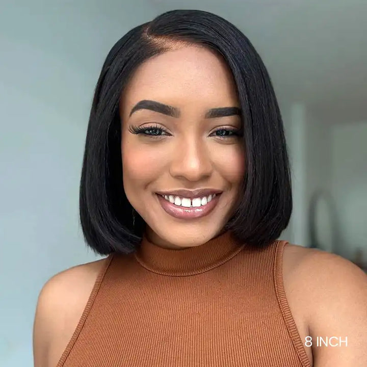 5x5 Lace Yaki Straight Bob Wig Drawstring Glueless Human Hair Wig
