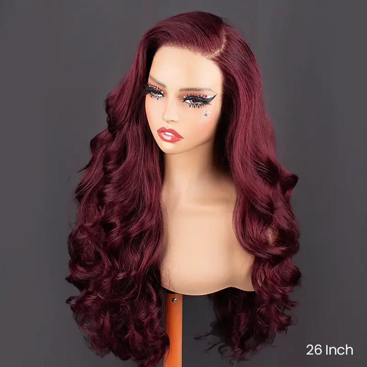 Full Bouncy Curls 3D Body Wave, Dark 99J 13x4 Lace Front Wig, Pre-Plucked