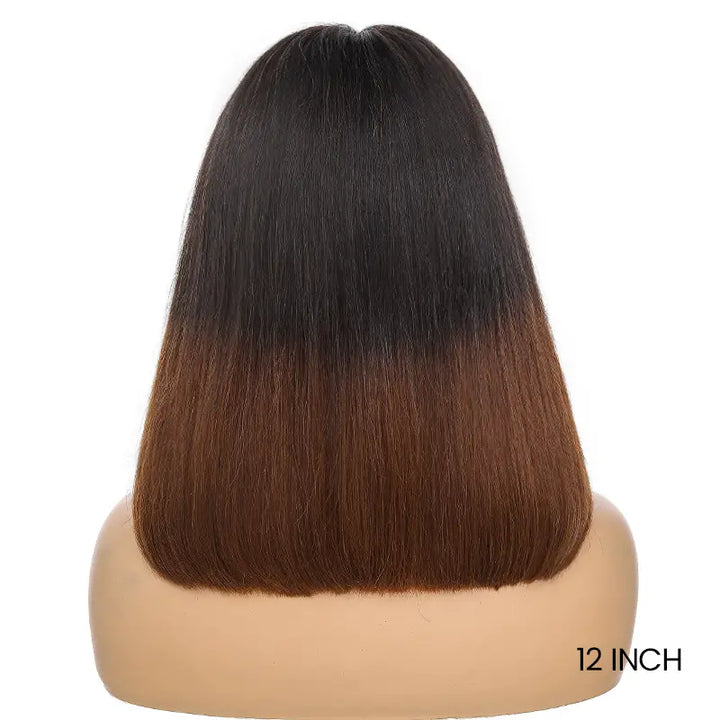 Ombre Chocolate Brown 2x6 Closure Lace Yaki Straight Human Hair Bob Wigs With Bang
