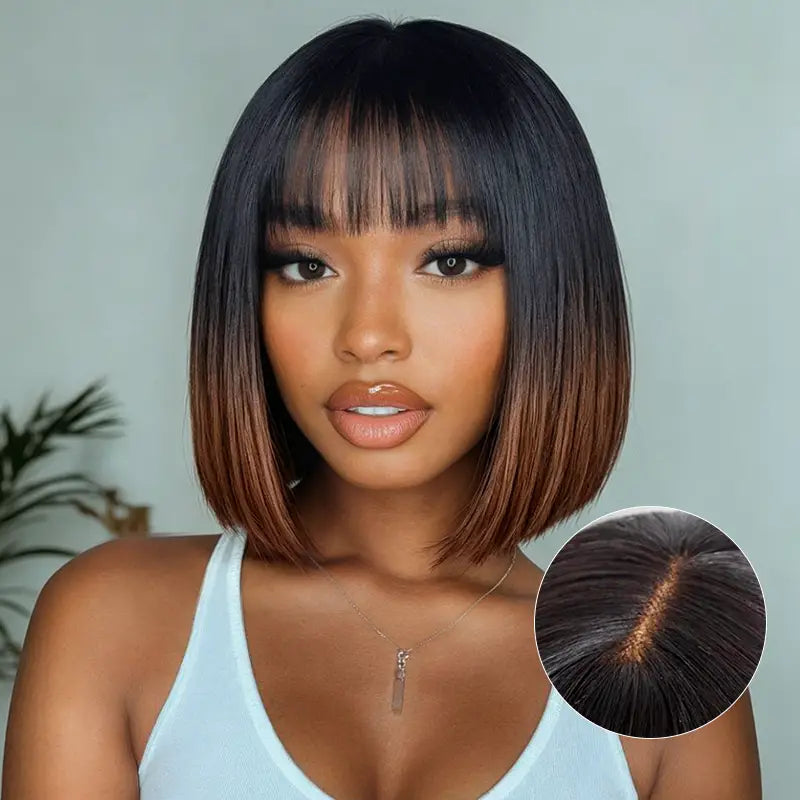 Ombre Chocolate Brown 2x6 Closure Lace Yaki Straight Human Hair Bob Wigs With Bang