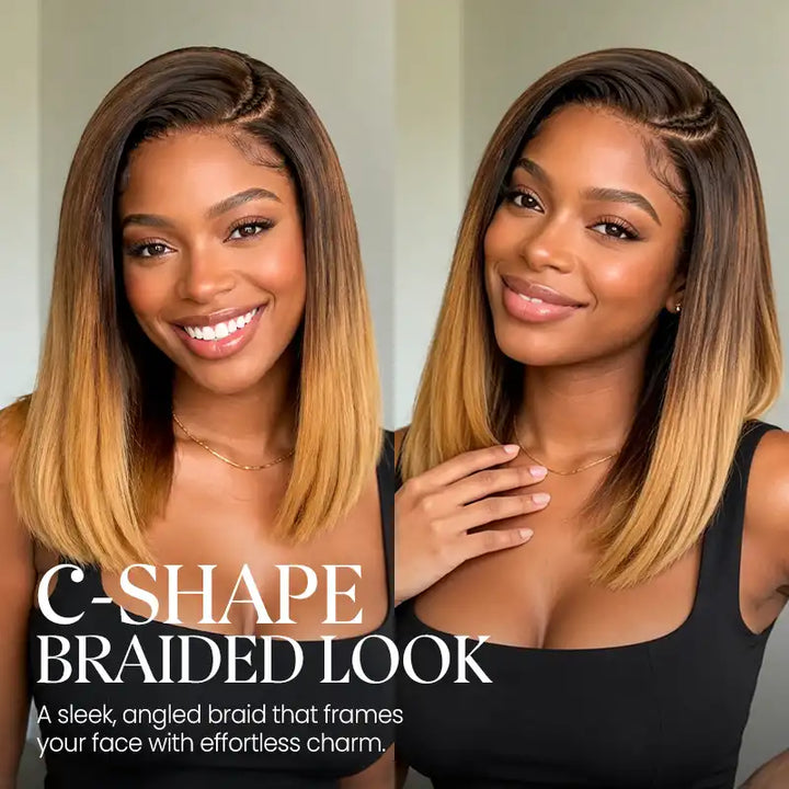 Side Braided Silky Straight Honey Blonde Glueless Bob 6x6 Lace Wig Human Hair
