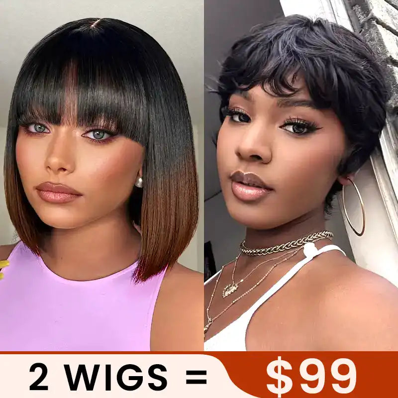 $99 = 2 Wigs | Ombre Chocolate Brown 2x6 Closure Lace Wig & Pixie Cut Short 1b Bob Human Hair Wig
