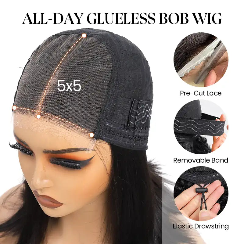 5x5 Lace Yaki Straight Bob Wig Drawstring Glueless Human Hair Wig