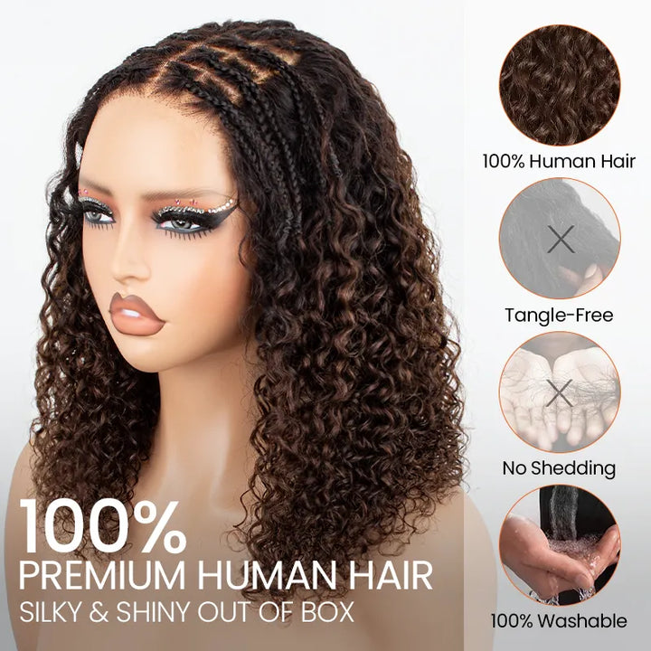 T1B/4 Boho Braided Curly Wig 5x5 HD Lace Drawstring Glueless Human Hair Wig