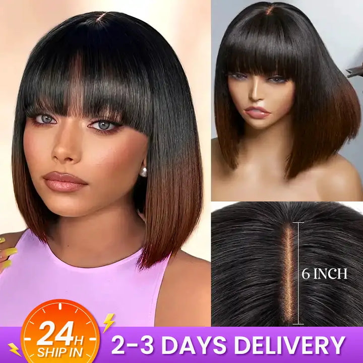 Ombre Chocolate Brown 2x6 Closure Lace Straight Human Hair Bob Wig With Bang