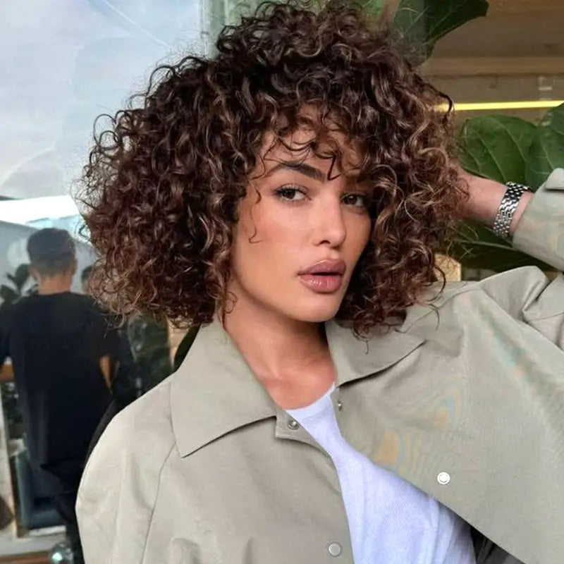 Egg Roll Bob Curly #1B Human Hair Wigs With Bang